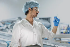 Auditor analizando un alimento como parte de la evaluación de una matriz de riesgos BRCGS en auditoría BRCGS Food Safety.