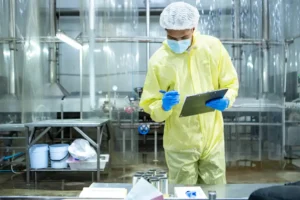 Auditor inspeccionando alimentos y verificando registros BRCGS durante una auditoría de inocuidad alimentaria.