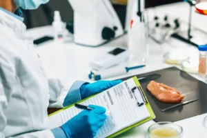 Auditor verificando alimentos durante una auditoría BRCGS para evaluar acciones correctivas y controles de inocuidad alimentaria.