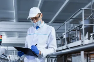 Especialista revisando el análisis de peligros del sistema HACCP antes de una auditoría de certificación