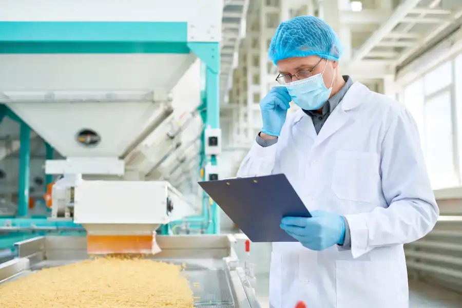 Personal de calidad preparando un sistema HACCP antes de una auditoría de certificación en una planta de alimentos