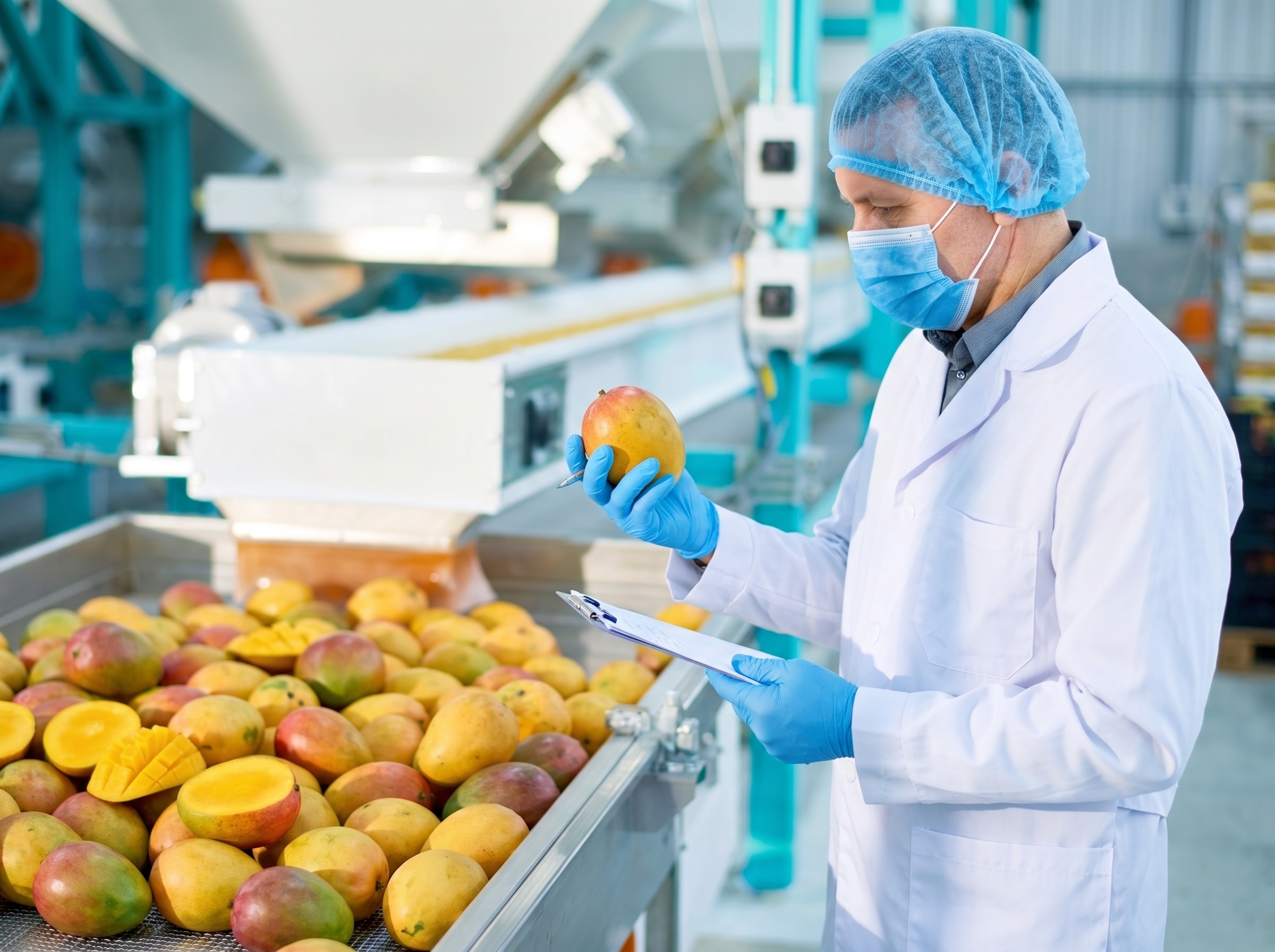 Auditor examinando mangos durante una evaluación de la inocuidad alimentaria.